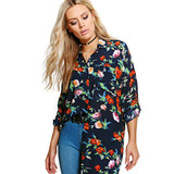 Kissmilk Women Plus Size Floral Print Chiffon Blouses Longline Button Down Long Sleeves Shirts Vintage Tops Large Size