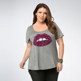 Kissmilk 2018 Big Size Women Casual Solid Gray Red Lips Sequin T-shirt Big large Size O-Neck Slim Plus Size T-shirt 4XL 5XL 6XL