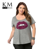 Kissmilk 2018 Big Size Women Casual Solid Gray Red Lips Sequin T-shirt Big large Size O-Neck Slim Plus Size T-shirt 4XL 5XL 6XL