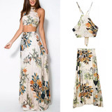 2 Piece Set Party Beach Women Dresses Lady Summer Long Maxi Dress Fashion Sexy Cross Backless Halterneck Floral Print Vestido