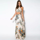 2 Piece Set Party Beach Women Dresses Lady Summer Long Maxi Dress Fashion Sexy Cross Backless Halterneck Floral Print Vestido