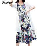 Saiqigui Summer dress women dress casual Loose tow piece Cotton Line dress Print o-neck plus size vestidos de festa M-5XL