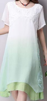 Saiqigui Summer dress New lace short sleeve gradation women dress casual cotton Linen dress Printing o-neck vestidos de festa