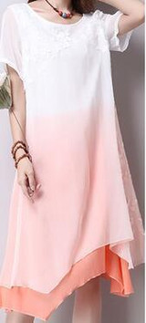 Saiqigui Summer dress New lace short sleeve gradation women dress casual cotton Linen dress Printing o-neck vestidos de festa