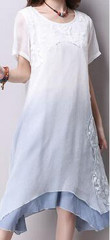 Saiqigui Summer dress New lace short sleeve gradation women dress casual cotton Linen dress Printing o-neck vestidos de festa