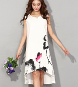 Saiqigui Summer dress 2017 New sleeveless white women dress casual cotton Linen dress lotus Printing o-neck vestidos de festa