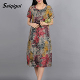 Saiqigui spring summer Fashion Short sleeve women dress casual Loose Print cotton and Linen dress o-neck vestidos de festa