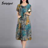Saiqigui spring summer Fashion Short sleeve women dress casual Loose Print cotton and Linen dress o-neck vestidos de festa
