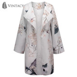 Vintacy Autumn Long Sleeve Floral Cardigan Women Gray Print Casual Loose Blouse Shirt Female Plus Size Thin Kimono Long Cardigan