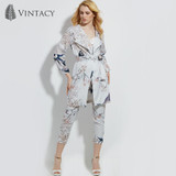 Vintacy Autumn Long Sleeve Floral Cardigan Women Gray Print Casual Loose Blouse Shirt Female Plus Size Thin Kimono Long Cardigan