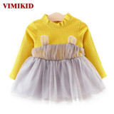 VIMIKID Baby Girl Dresses 2017 Cute Ears Yarn Fold Collar Long Sleeve Stitching Dress for Girl Toddler Clothes Children Clothes