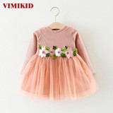 VIMIKID 2017 new Spring and Autumn dress for baby girls long sleeve Embroidery Flowers Mesh tutu dress children clothing toddler