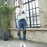 VILACOROA Mesh black fishnet ripped jeans women pants Cool denim vintage straight jeans for girl Mid waist casual pants female