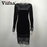 Viifaa Lace Elegant Bodycon Velvet Dress Women Long Sleeve Casual Velour Dress 2017 Autumn Winter Party Black Dresses