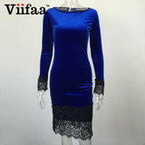 Viifaa Lace Elegant Bodycon Velvet Dress Women Long Sleeve Casual Velour Dress 2017 Autumn Winter Party Black Dresses