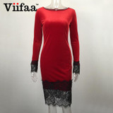 Viifaa Lace Elegant Bodycon Velvet Dress Women Long Sleeve Casual Velour Dress 2017 Autumn Winter Party Black Dresses