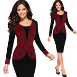 Vfemage Womens Winter Mature Elegant Casual Work Button Patchwork Full Sleeve O-Neck Bodycon Women Office Pencil Slim Dress 4440