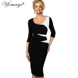 Vfemage Womens Vintage Stylish Ladylike Casual Patchwork 3/4 Sleeve O-Neck Bodycon Women Office Wear to work Pencil Dress 4435