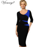 Vfemage Womens Vintage Stylish Ladylike Casual Patchwork 3/4 Sleeve O-Neck Bodycon Women Office Wear to work Pencil Dress 4435
