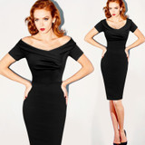 Vfemage Womens Summer Elegant Vintage Pinup Retro Rockabilly Sexy Off Shoulder Ruched Party Bodycon Sheath Wiggle Dress 500