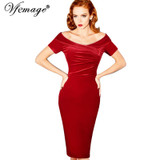 Vfemage Womens Summer Elegant Vintage Pinup Retro Rockabilly Sexy Off Shoulder Ruched Party Bodycon Sheath Wiggle Dress 500
