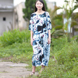 SCUWLINEN Vestidos 2017 Women Summer Dress Plus Size Loose Casual Vintage Printed Half-sleeve Linen Dress Long Party Dresses D04