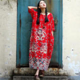 SCUWLINEN Vestidos Casual Dress 2017 Summer Dress Women Dragon Robe Vintage Print Long Loose Cotton Linen Dress Women Maxi Dress