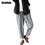 SCUWLINEN 2017 Women Trouser Classic Striped Linen Pants Loose Radish Pants Elastic Waist Casual Pants Pantalon Harem Pants S183