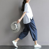 SCUWLINEN Trousers for Women 2017 Classic Striped Patchwork Casual Linen Pant Loose Long Harem Pants Pantalones Mujer S224