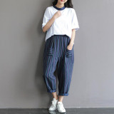 SCUWLINEN Trousers for Women 2017 Classic Striped Patchwork Casual Linen Pant Loose Long Harem Pants Pantalones Mujer S224