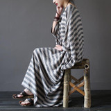 SCUWLINEN 2017 Summer Dresses Vintage Striped Batwing Sleeve Robe Maxi Long Loose Plus Size Women Dress Casual Linen Dress S193