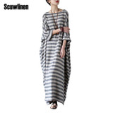 SCUWLINEN 2017 Summer Dresses Vintage Striped Batwing Sleeve Robe Maxi Long Loose Plus Size Women Dress Casual Linen Dress S193