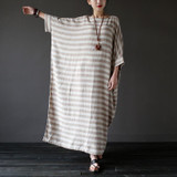 SCUWLINEN 2017 Summer Dresses Vintage Striped Batwing Sleeve Robe Maxi Long Loose Plus Size Women Dress Casual Linen Dress S193
