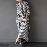 SCUWLINEN 2017 Summer Dresses Vintage Striped Batwing Sleeve Robe Maxi Long Loose Plus Size Women Dress Casual Linen Dress S193
