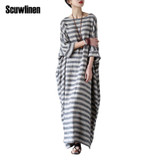 SCUWLINEN 2017 Summer Dresses Vintage Striped Batwing Sleeve Robe Maxi Long Loose Plus Size Women Dress Casual Linen Dress S193
