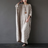 SCUWLINEN 2017 Summer Dresses Vintage Striped Batwing Sleeve Robe Maxi Long Loose Plus Size Women Dress Casual Linen Dress S193