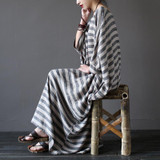 SCUWLINEN 2017 Summer Dresses Vintage Striped Batwing Sleeve Robe Maxi Long Loose Plus Size Women Dress Casual Linen Dress S193