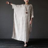 SCUWLINEN 2017 Summer Dresses Vintage Striped Batwing Sleeve Robe Maxi Long Loose Plus Size Women Dress Casual Linen Dress S193