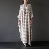SCUWLINEN 2017 Summer Dresses Vintage Striped Batwing Sleeve Robe Maxi Long Loose Plus Size Women Dress Casual Linen Dress S193