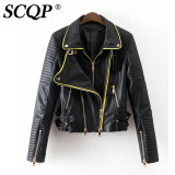 SCQP Solid Black Zipper Short Women Jacket Leather Ladies Fashion Slim Faux Leather Jacket Women Autumn Casual 2016 Biker Jacket