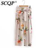 SCQP Print Mid Waist Loose Floral Wide Leg Pants Vintage Women Trousers 2017 Summer Casual Harem Flare Full Length Womens Pants