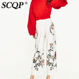 SCQP Floral Printed White Loose Trousers Ladies Linen Wide Leg Woman Trouser Pants Fashion Casual 2017 Office Pants Women