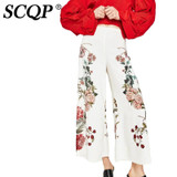 SCQP Floral Printed White Loose Trousers Ladies Linen Wide Leg Woman Trouser Pants Fashion Casual 2017 Office Pants Women