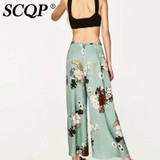 SCQP Print Floral Ladies Wide Leg Pants Women Loose Hit Color Zipper Women Pants 2017 Elegant Casual Summer Women Trousers