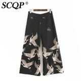 SCQP Cranes Birds Printed Wide Trousers Femme Floeal Black Loose Zipper Ladies Pants Fashion Linen Spring Vintage Trousers Women