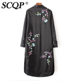 SCQP Floral Embroidered Black Trench Coat Ladies Elegant Fashion Womens Trench Coats Long Autumn Loose High Quality Cardigan