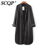 SCQP Floral Embroidered Black Trench Coat Ladies Elegant Fashion Womens Trench Coats Long Autumn Loose High Quality Cardigan