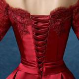 Scoop Neck Lace Satin Short Cocktail Dress Burgundy 2017 Knee Length Party Dress Lace Up Party Gowns Elegant