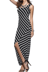 Scoop Neck  Asymmetric Hem  Striped  Sleeveless Maxi Dresses