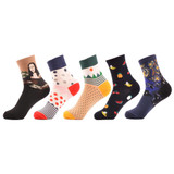 SANZETTI 5 pairs/lot Women's Funny Colorful Combed Cotton Socks Cartoon Food Oil Painting Cute Ankle Socks Novelty Gift